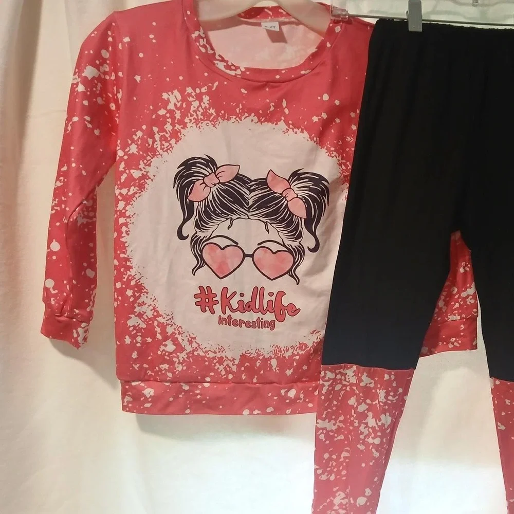 Pink White Splatter Kidlife Graphic Top Leggings Set Girls Size 6-7T Boutique